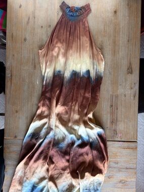 Lauren Vidal Sleeveless Tie-Dye Halter Maxi Dress in Brown and Cream